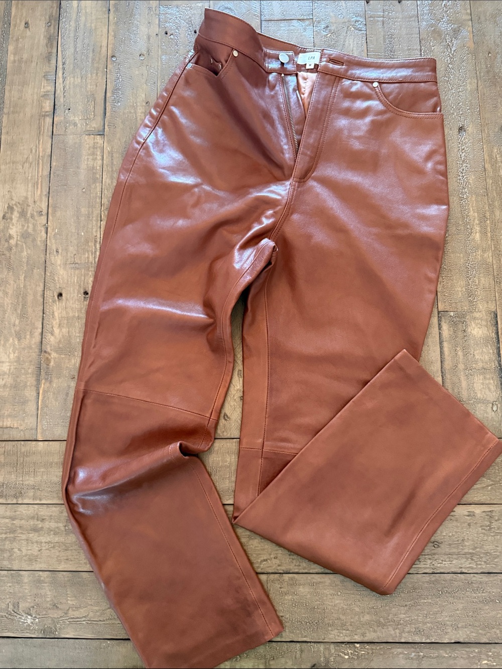 LPA Rust Brown Leather Straight-Leg Pants